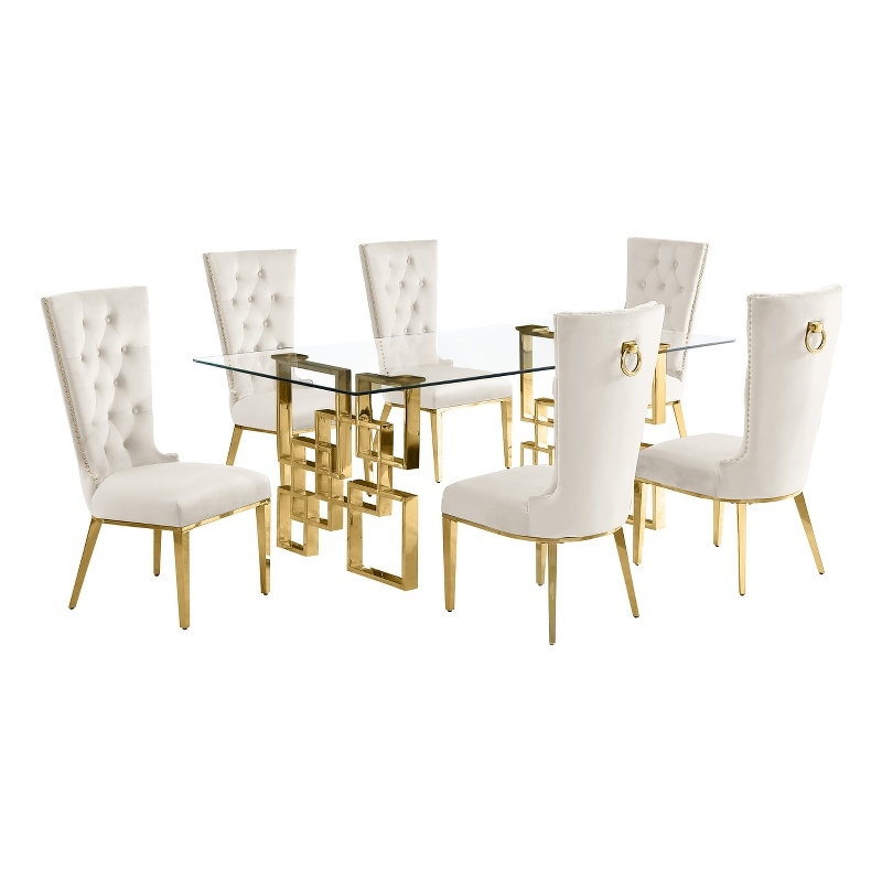 Best Quality Furniture 7-Piece Velvet/Stainless Steel Dining Set in Cream/Gold