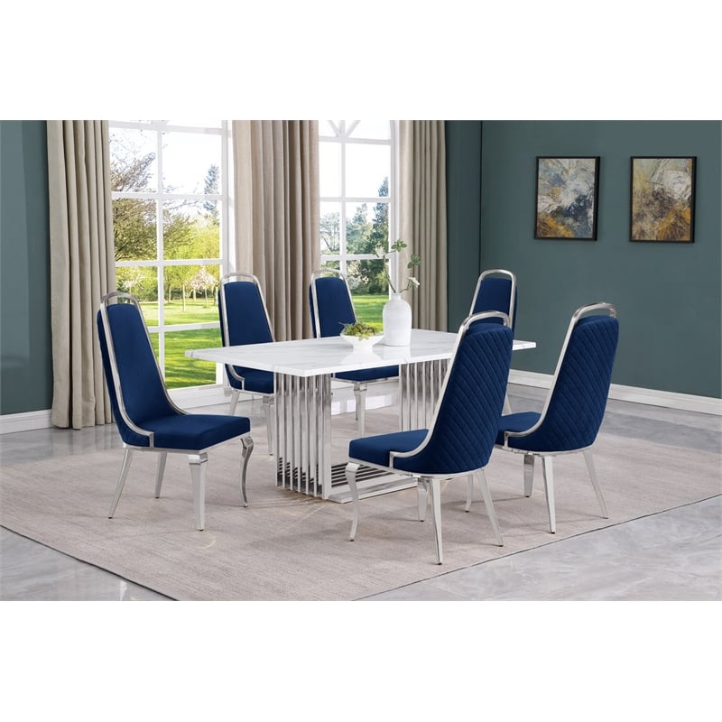 Best Quality Furniture White Marble Dining Set with Navy Blue Velvet Chairs