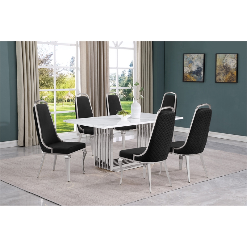 Best Quality Furniture White Marble Dining Set with Black Velvet Chairs