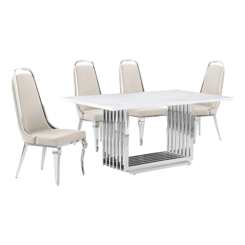 Best Quality Furniture White Marble Dining Set with Black Velvet Chairs