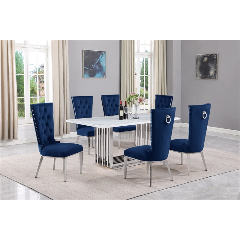 Best Quality Furniture White Marble Dining Set with Navy Blue Velvet Chairs