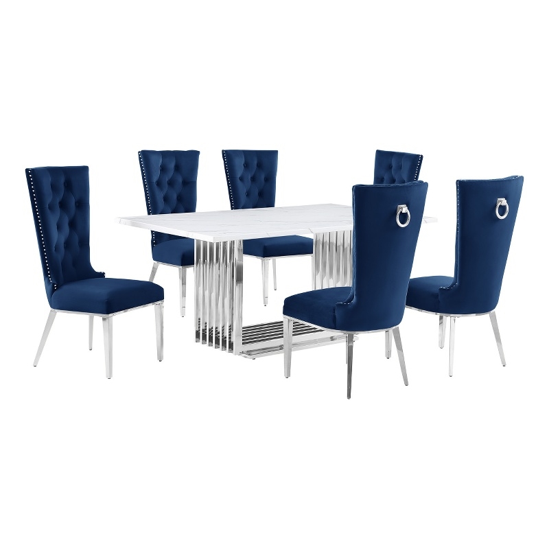 Best Quality Furniture White Marble Dining Set with Navy Blue Velvet Chairs