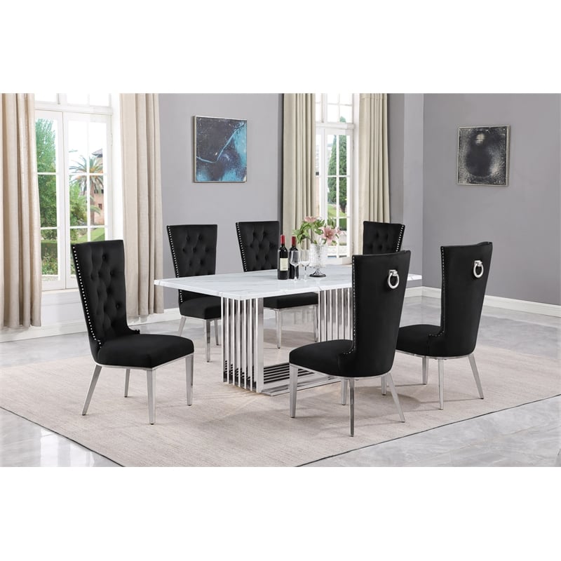 Best Quality Furniture White Marble Dining Set with Black Velvet Chairs