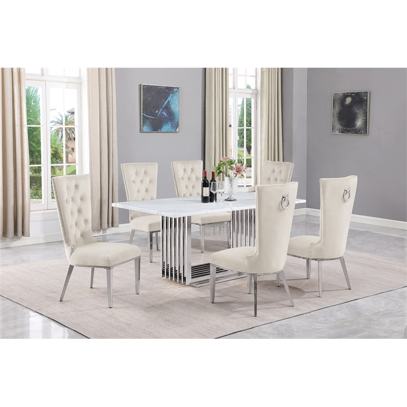 Best Quality Furniture White Marble Dining Set with Cream Velvet Chairs