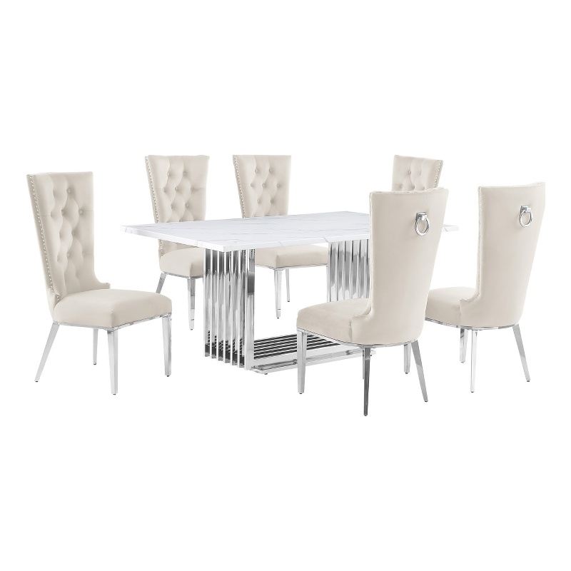 Best Quality Furniture White Marble Dining Set with Cream Velvet Chairs