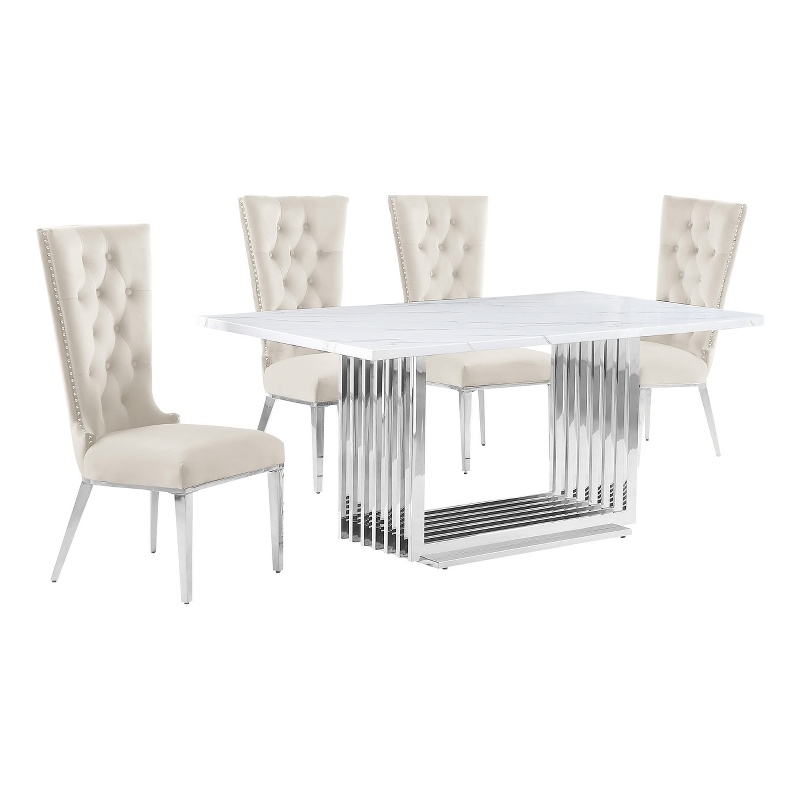 Best Quality Furniture White Marble Dining Set with Cream Velvet Chairs
