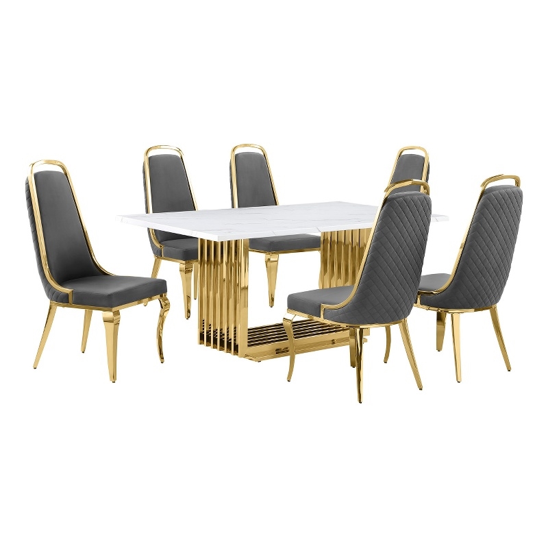 Best Quality Furniture White Marble Dining Set with Dark Gray Velvet Chairs