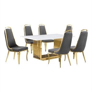 Best Quality Furniture White Marble Dining Set with Dark Gray Velvet Chairs