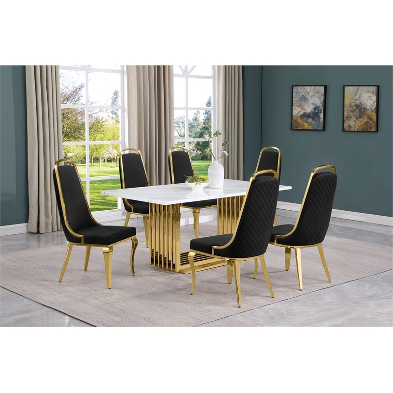 Best Quality Furniture White Marble Dining Set with Black Velvet Chairs