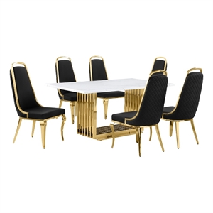 Best Quality Furniture White Marble Dining Set with Black Velvet Chairs