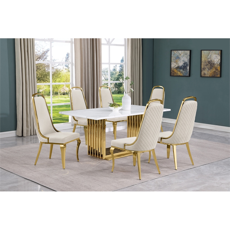 Best Quality Furniture White Marble Dining Set with Cream Velvet Chairs