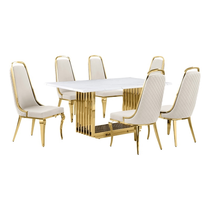 Best Quality Furniture White Marble Dining Set with Cream Velvet Chairs