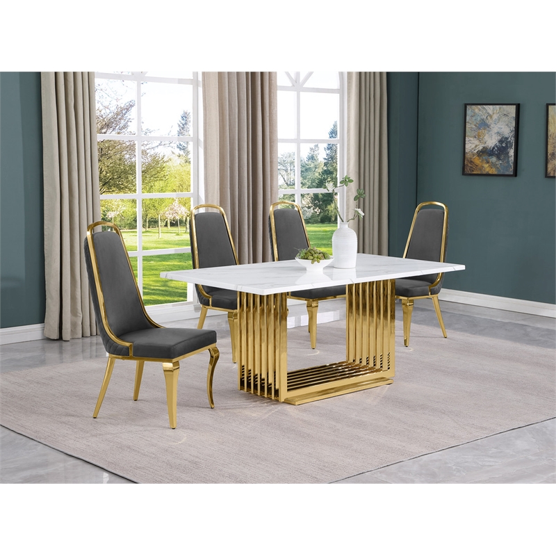 Best Quality Furniture White Marble Dining Set with Dark Gray Velvet Chairs