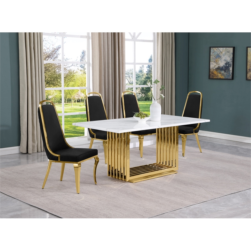 Best Quality Furniture White Marble Dining Set with Black Velvet Chairs
