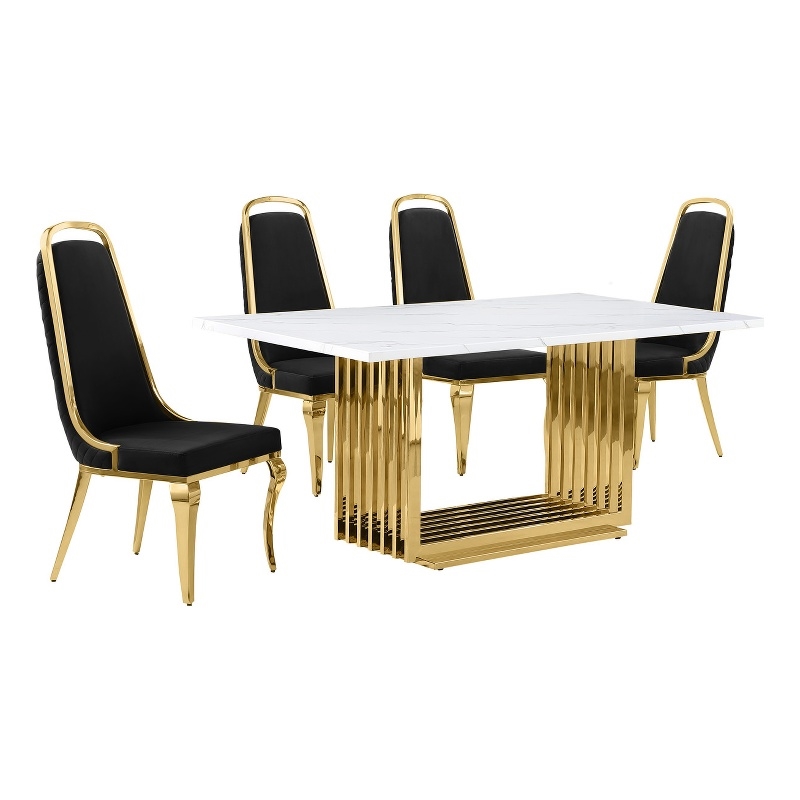 Best Quality Furniture White Marble Dining Set with Black Velvet Chairs