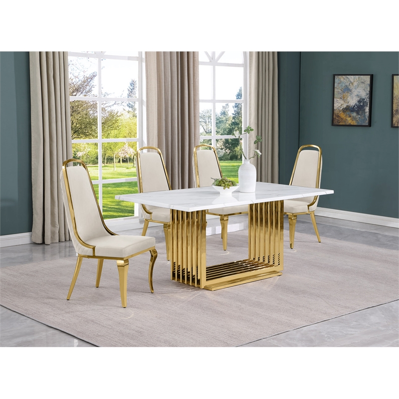 Best Quality Furniture White Marble Dining Set with Cream Velvet Chairs
