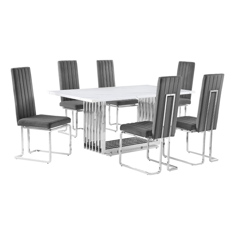 Best Quality Furniture White Marble Dining Set with Dark Gray Velvet Chairs