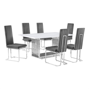 Best Quality Furniture White Marble Dining Set with Dark Gray Velvet Chairs
