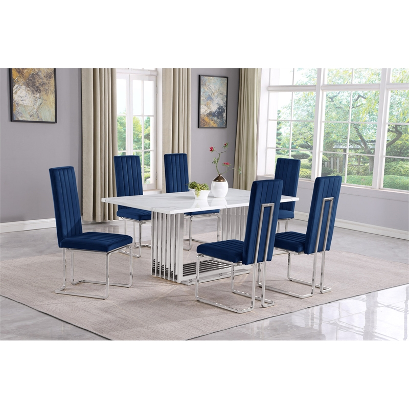 Best Quality Furniture White Marble Dining Set with Navy Blue Velvet Chairs