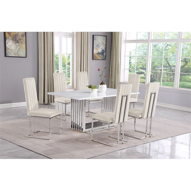 Best Quality Furniture White Marble Dining Set with Cream Velvet Chairs