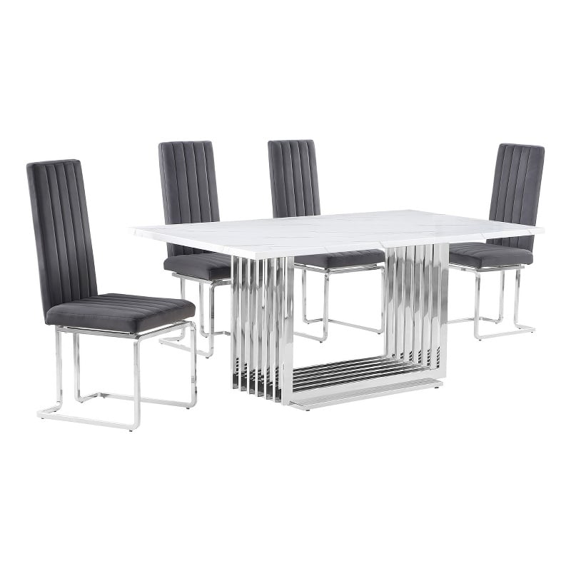 Best Quality Furniture White Marble Dining Set with Dark Gray Velvet Chairs