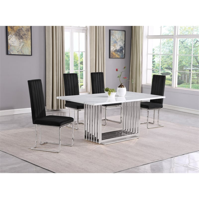 Best Quality Furniture White Marble Dining Set with Black Velvet Chairs