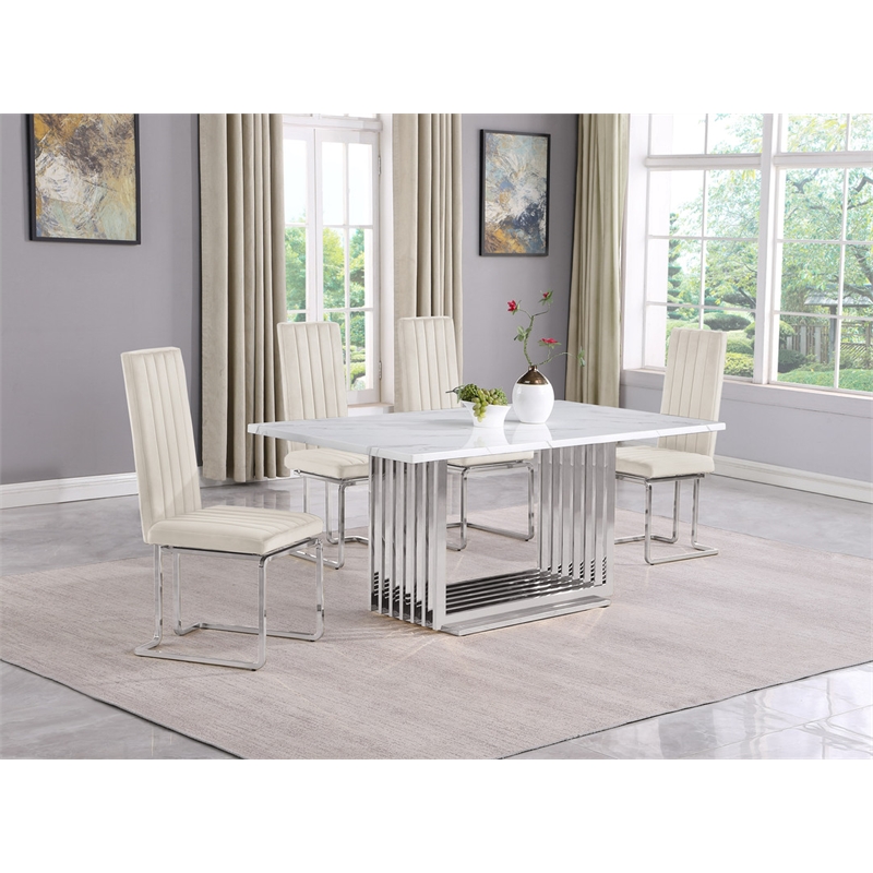 Best Quality Furniture White Marble Dining Set with Cream Velvet Chairs