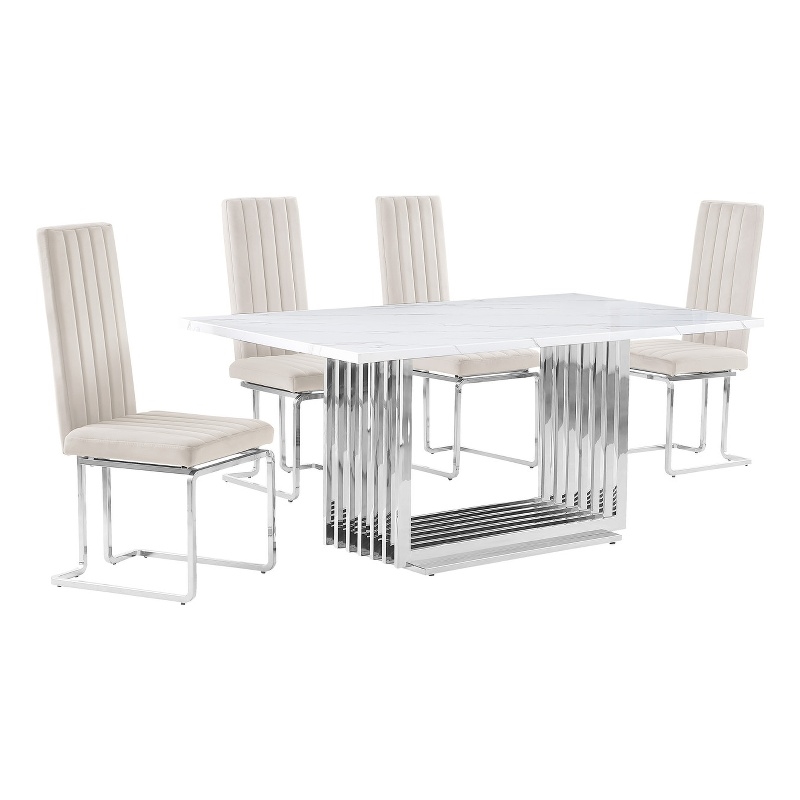 Best Quality Furniture White Marble Dining Set with Cream Velvet Chairs