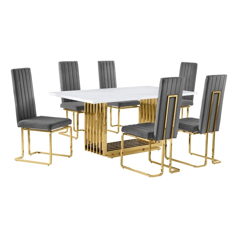 Best Quality Furniture White Marble Dining Set with Dark Gray Velvet Chairs