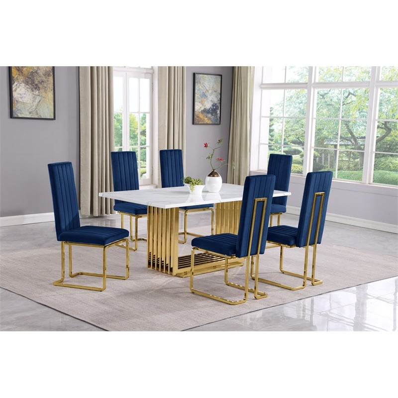Best Quality Furniture White Marble Dining Set with Navy Blue Velvet Chairs