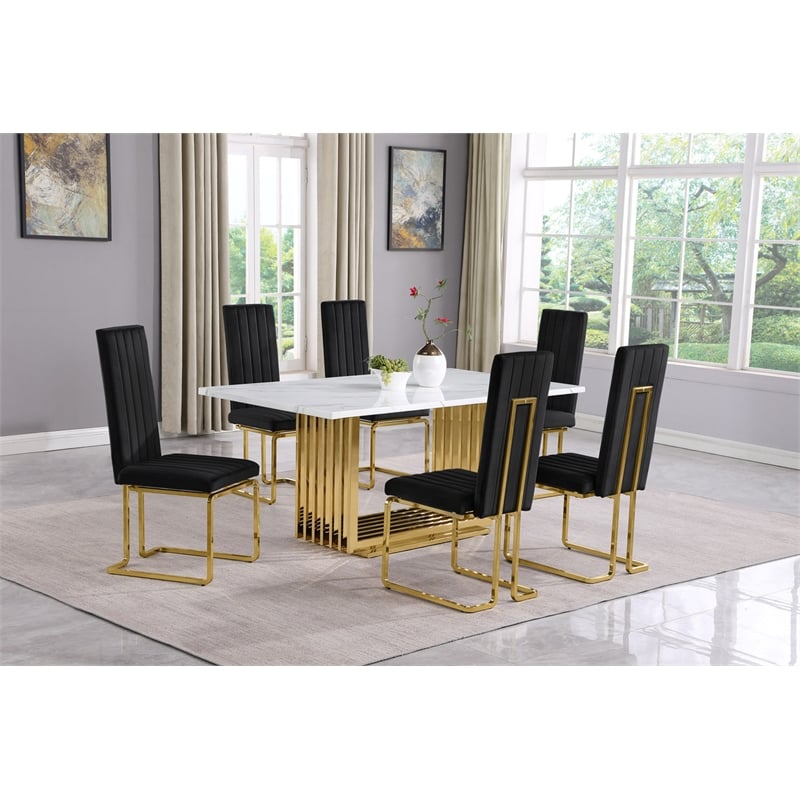 Best Quality Furniture White Marble Dining Set with Black Velvet Chairs