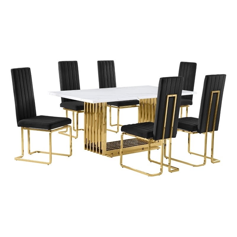 Best Quality Furniture White Marble Dining Set with Black Velvet Chairs