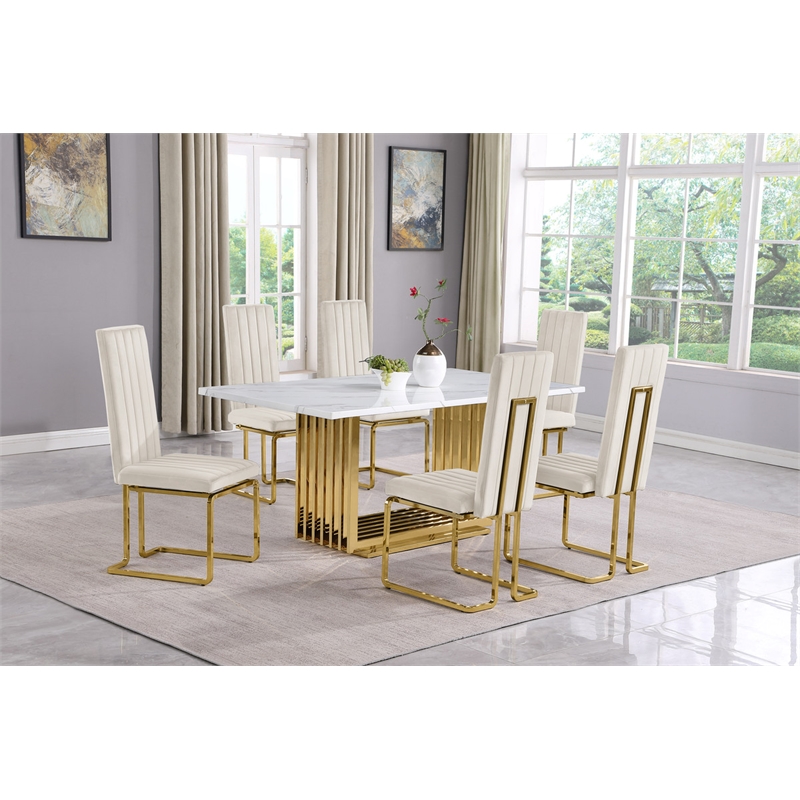 Best Quality Furniture White Marble Dining Set with Cream Velvet Chairs