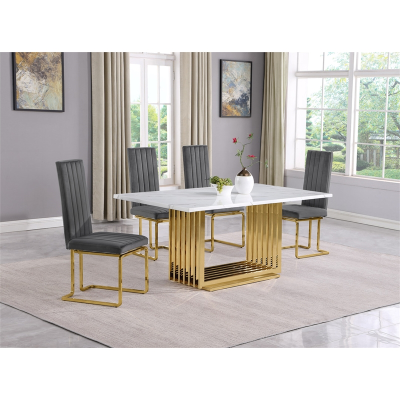 Best Quality Furniture White Marble Dining Set with Dark Gray Velvet Chairs
