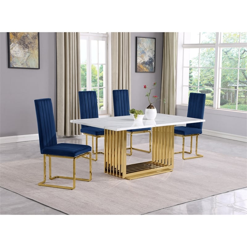 Best Quality Furniture White Marble Dining Set with Navy Blue Velvet Chairs