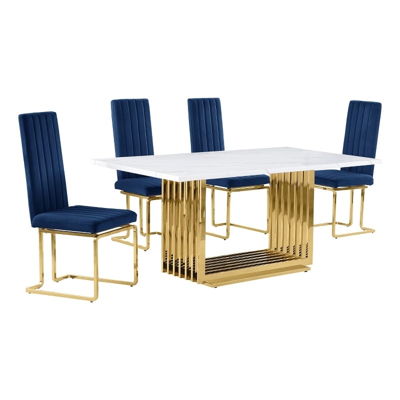 Best Quality Furniture White Marble Dining Set with Navy Blue Velvet Chairs