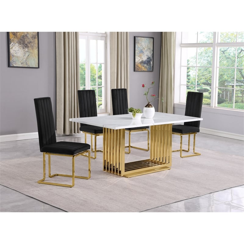 Best Quality Furniture White Marble Dining Set with Black Velvet Chairs