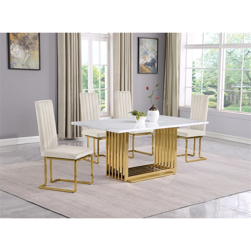 Best Quality Furniture White Marble Dining Set with Cream Velvet Chairs