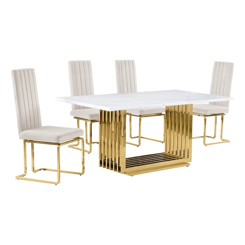Best Quality Furniture White Marble Dining Set with Cream Velvet Chairs