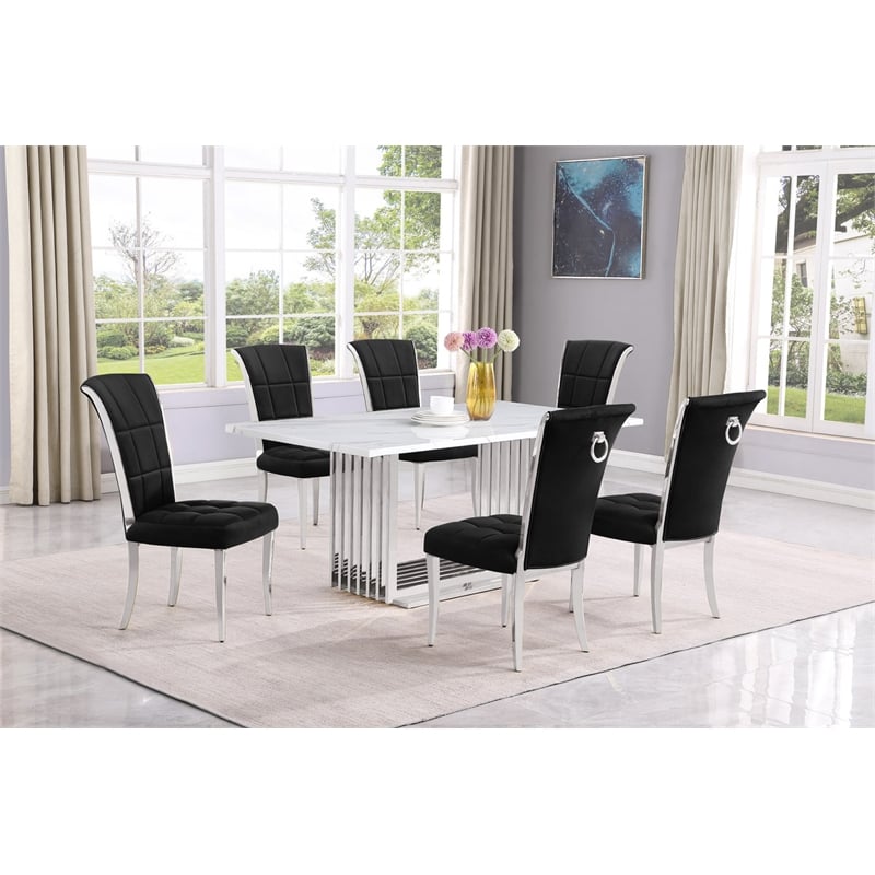 Best Quality Furniture White Marble Dining Set with Black Velvet Chairs