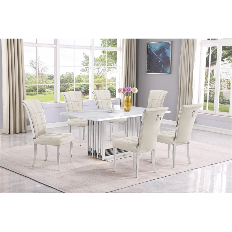 Best Quality Furniture White Marble Dining Set with Cream Velvet Chairs