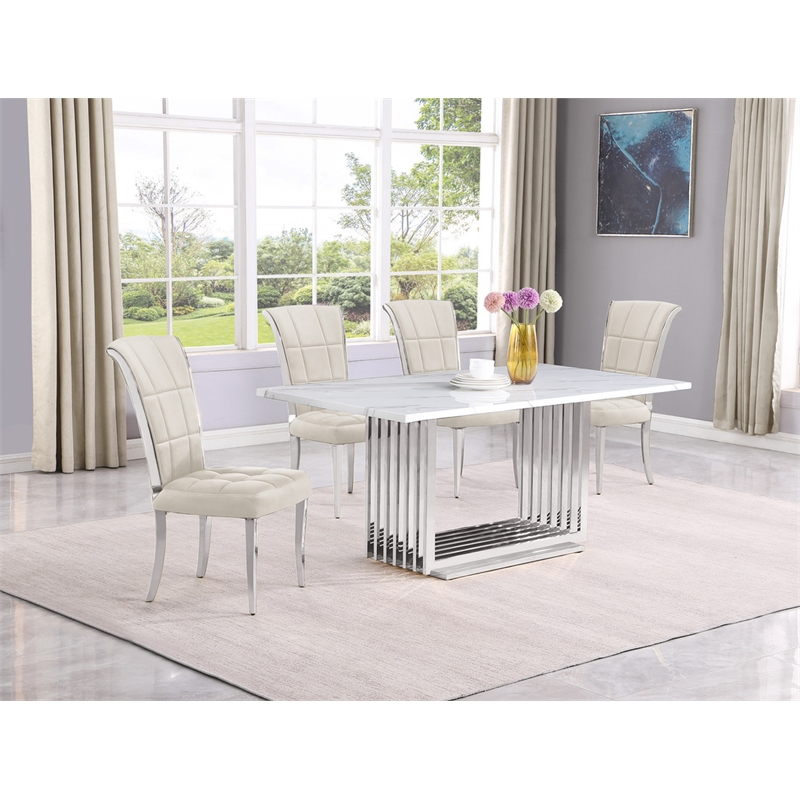 Best Quality Furniture White Marble Dining Set with Cream Velvet Chairs