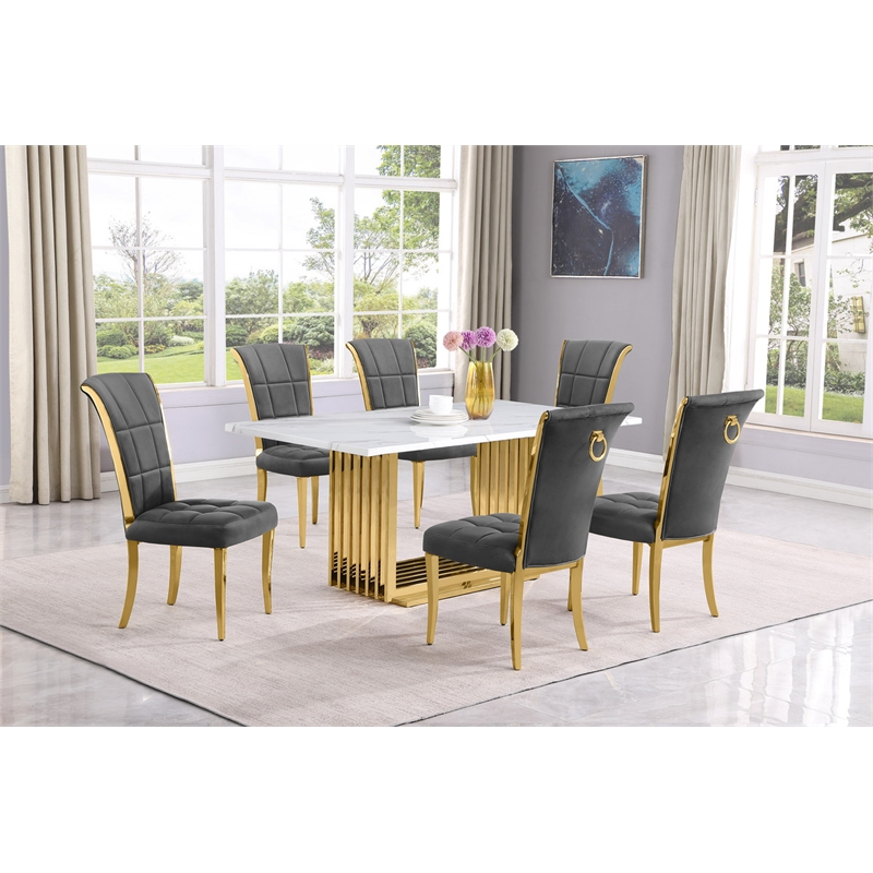 Best Quality Furniture White Marble Dining Set with Dark Gray Velvet Chairs