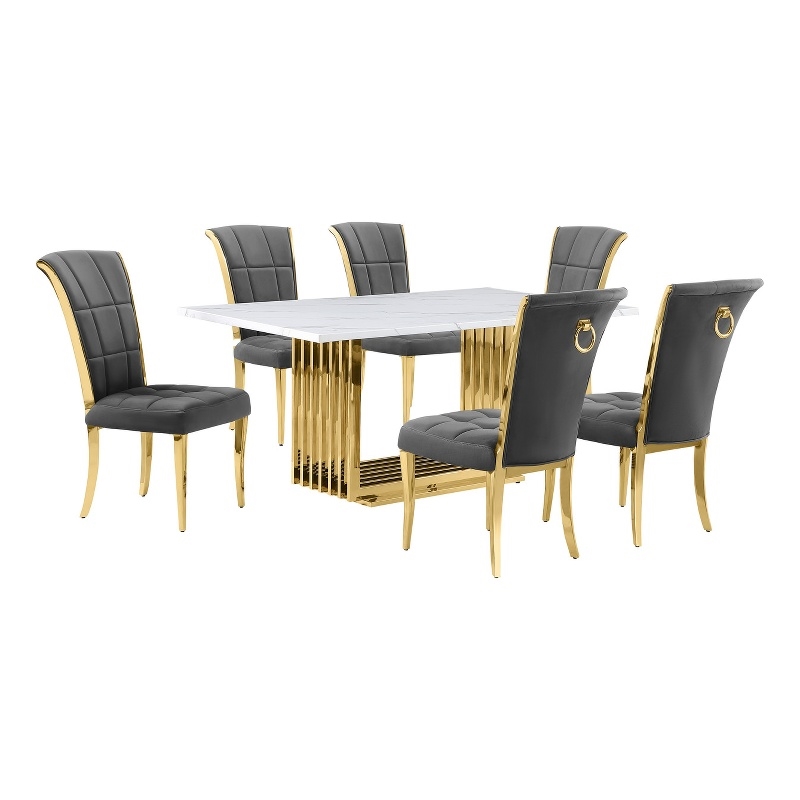 Best Quality Furniture White Marble Dining Set with Dark Gray Velvet Chairs