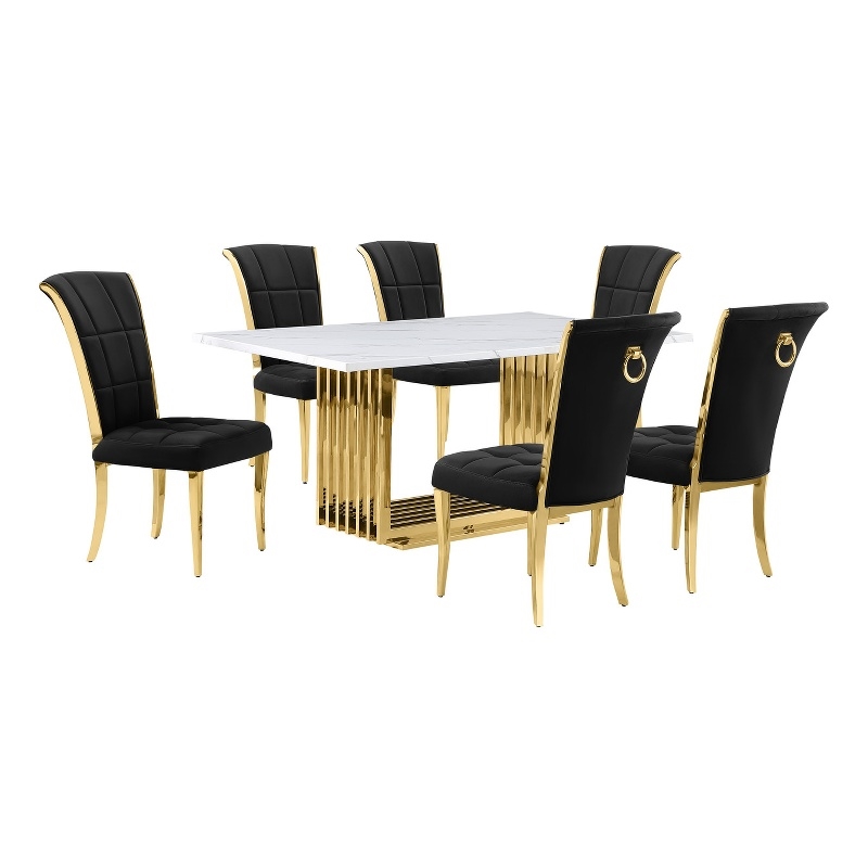 Best Quality Furniture White Marble Dining Set with Black Velvet Chairs