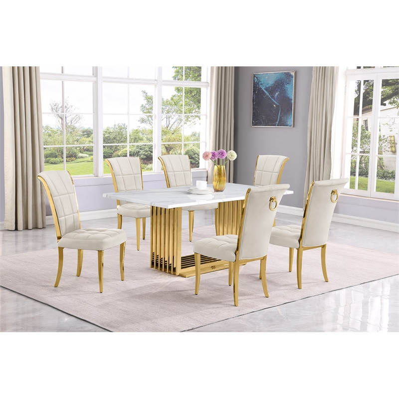 Best Quality Furniture White Marble Dining Set with Cream Velvet Chairs