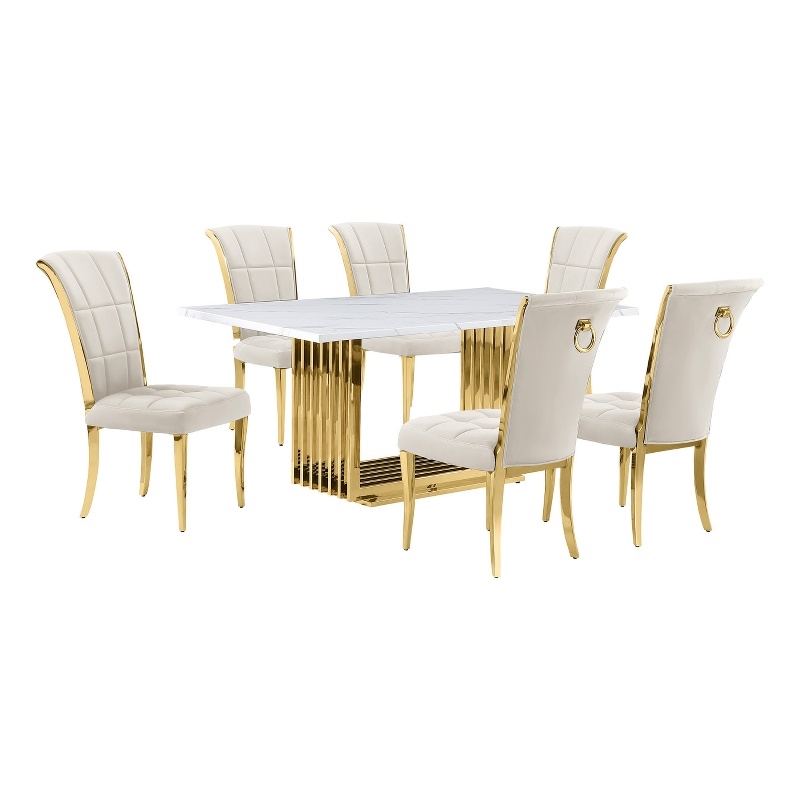 Best Quality Furniture White Marble Dining Set with Cream Velvet Chairs