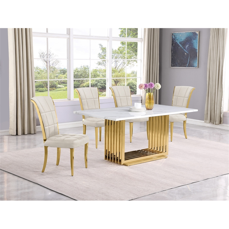Best Quality Furniture White Marble Dining Set with Cream Velvet Chairs