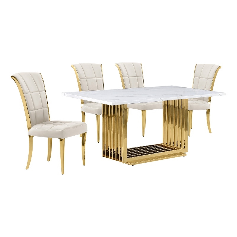 Best Quality Furniture White Marble Dining Set with Cream Velvet Chairs
