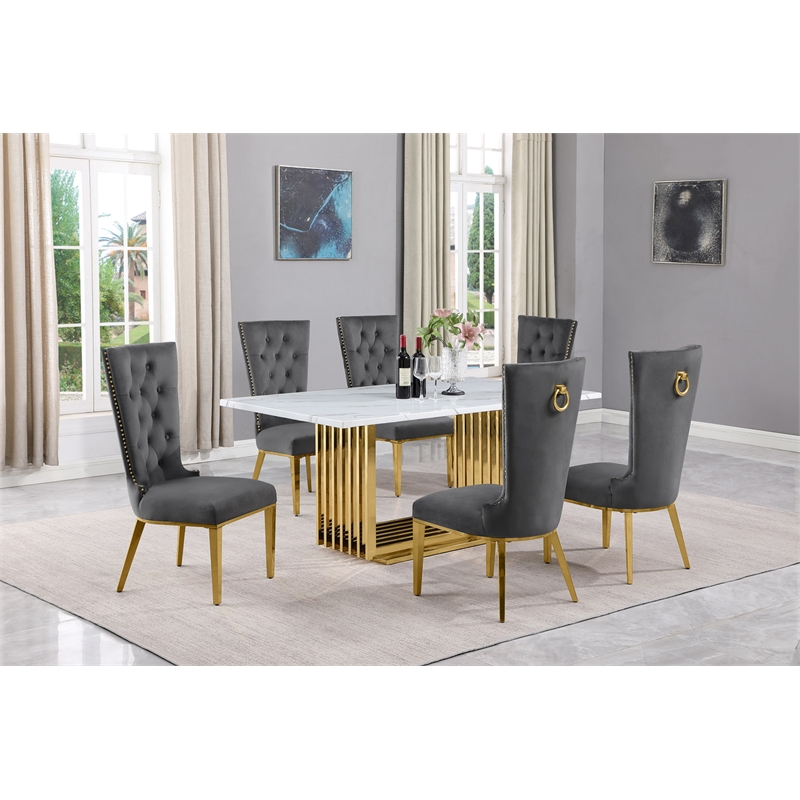 Best Quality Furniture White Marble Dining Set with Dark Gray Velvet Chairs